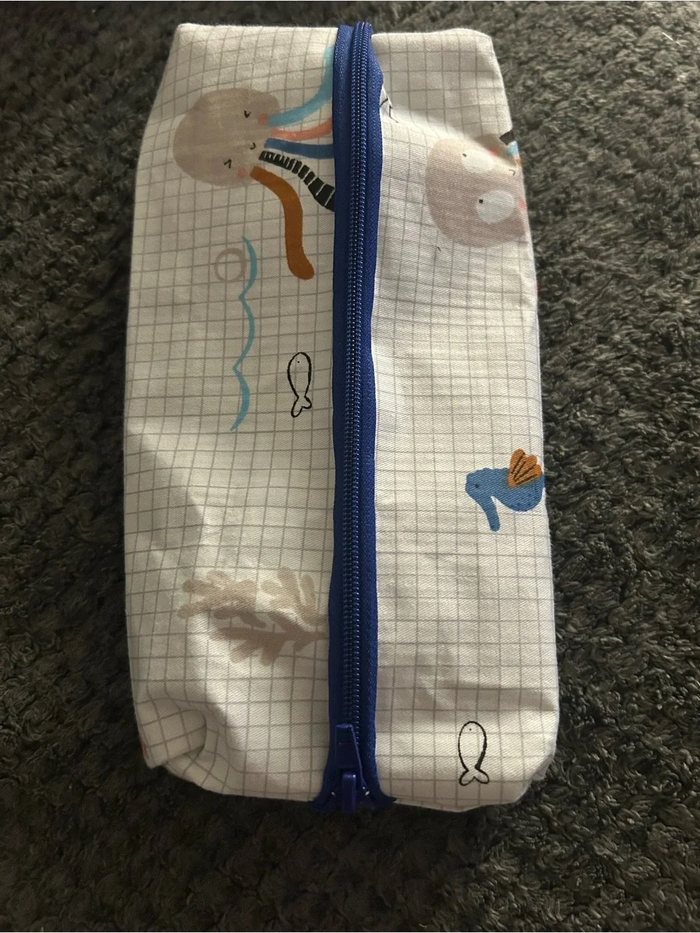 Hand Crafted White Pencil Pouch with Blue Zipper and Multicolor Sea Motifs